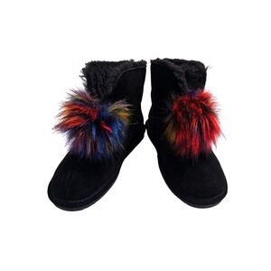Bearpaw Libby Black Suede Multi-Color Faux Fur Pom Pom Boots 2283W Womens 9